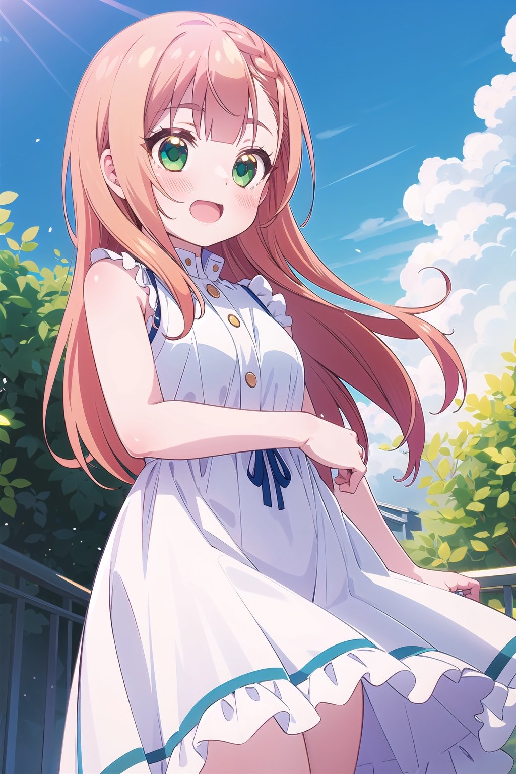 masterpiece, natsukawa aika, 1 girl, medium orange hair, green eyes, blushing cheeks, medium white dress, floral pattern, windy, garden, blue sky, from below, happy, hands holding dress,