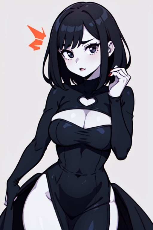 halloween_costume, girl, busty, cleavage_cutout, wide_hips, thin_waist, black_hair, pale_skin, black_eyes, orange_dress, seductive_pose,