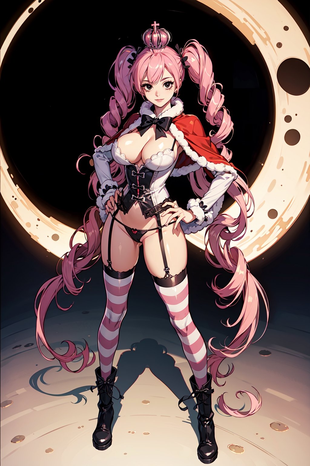 perona, 1girl, red capelet, pink bowtie, full body, (thick eyelid) , black lips, massive breasts, twin drills, drill hair, long hair, black military boots , twintails, happy, ((circular eyes)) , (black eyes:1.4)  , (outdoor background), (white and black striped stockings) (masterpiece), high res, best quality , refined lighting, topless, white skin, moonlight, night, large eyes, big butt, vagina, pubic hair, black hair, wide hips. long legs, thin waist, black lingerie, standing,