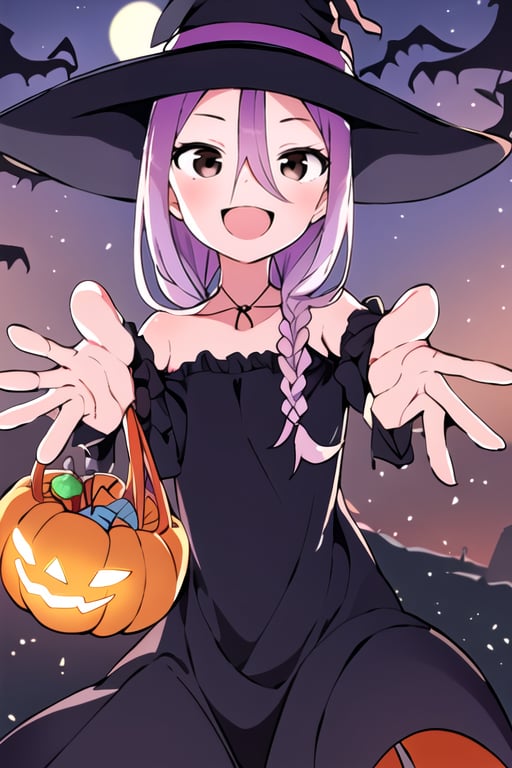 masterpiece, best quality, kasaharaSumire, 1girl, solo, brown eyes, purple hair, twin_braids, hair_between_eyes, witch_hat, dress, halloween, night, jack-o'-lantern, holding, smile, open mouth, upper body