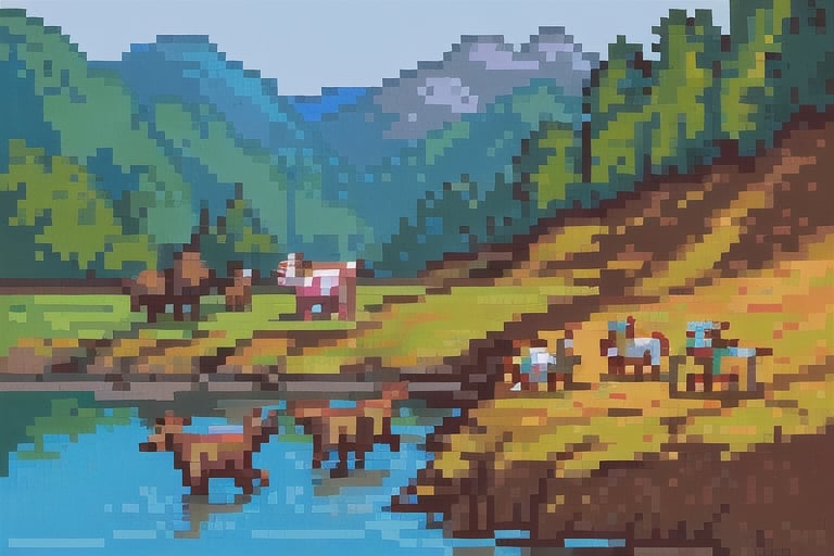 forest.mountains,lake,no human,ducks,cows,bear,PixelArt,dogs