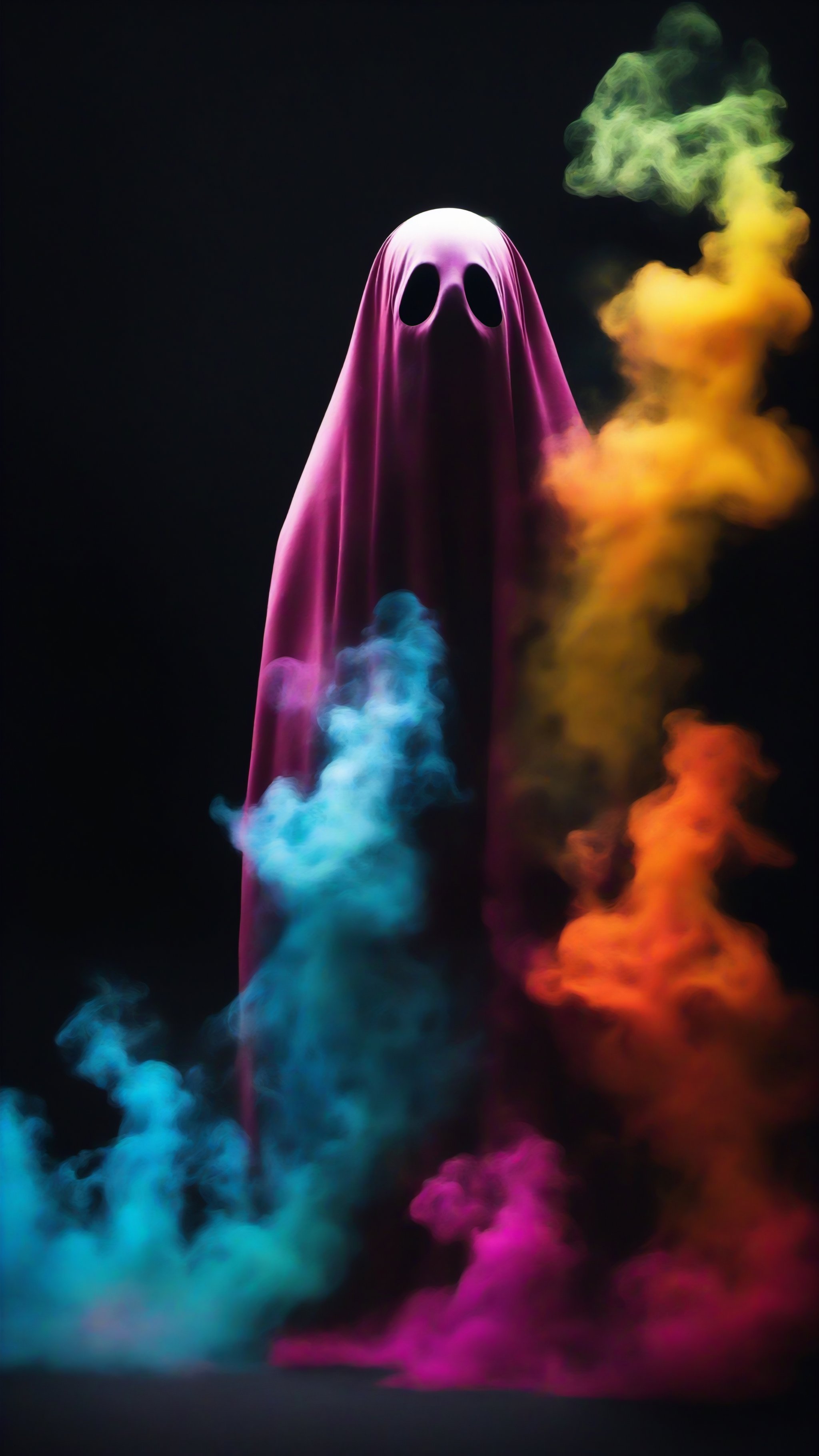 Vibrant colorful simple ghost made with smoke and a black dark back ground wallpaper