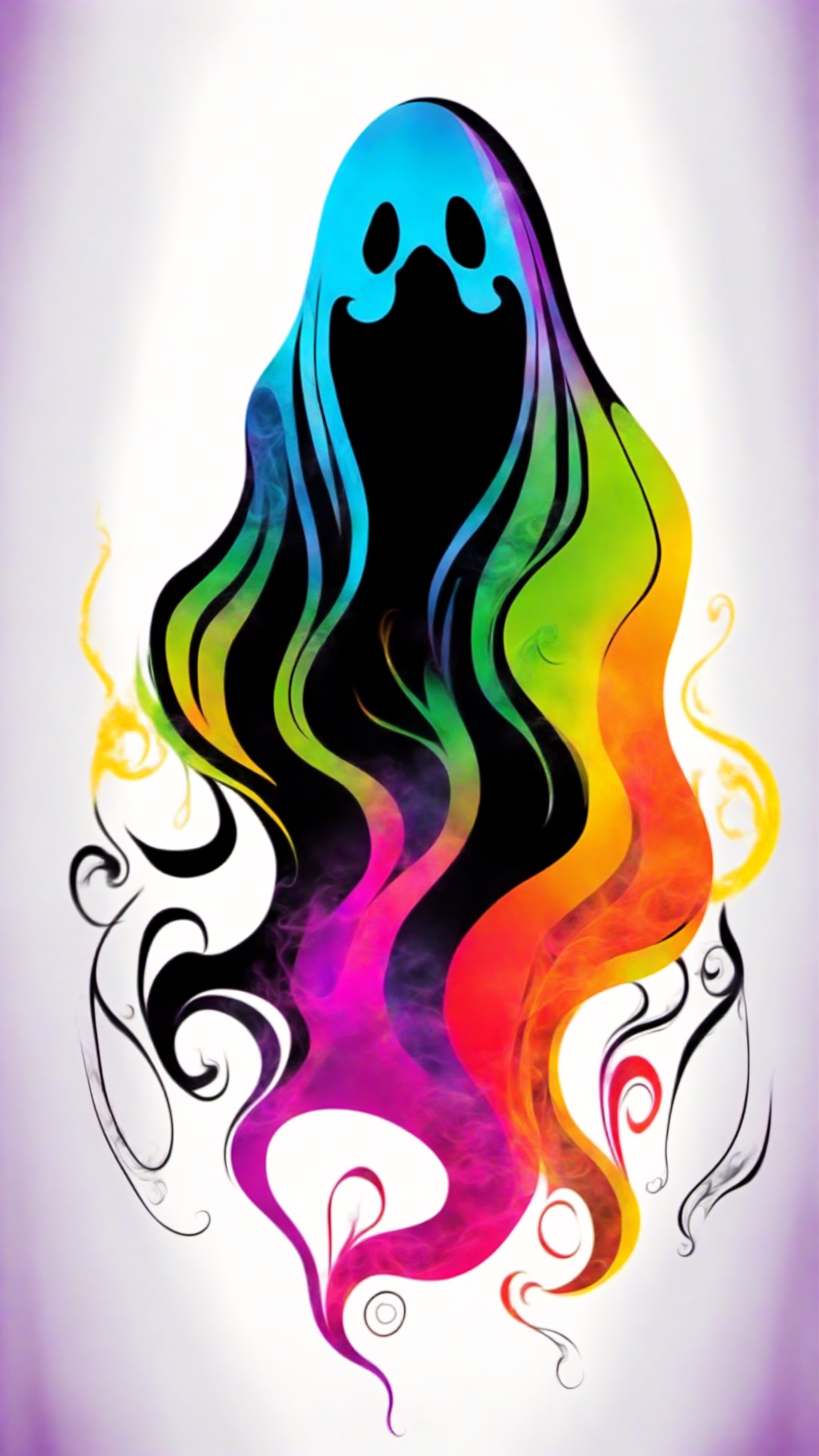 Vibrant colorful simple ghost made with smoke and a black dark back ground wallpaper