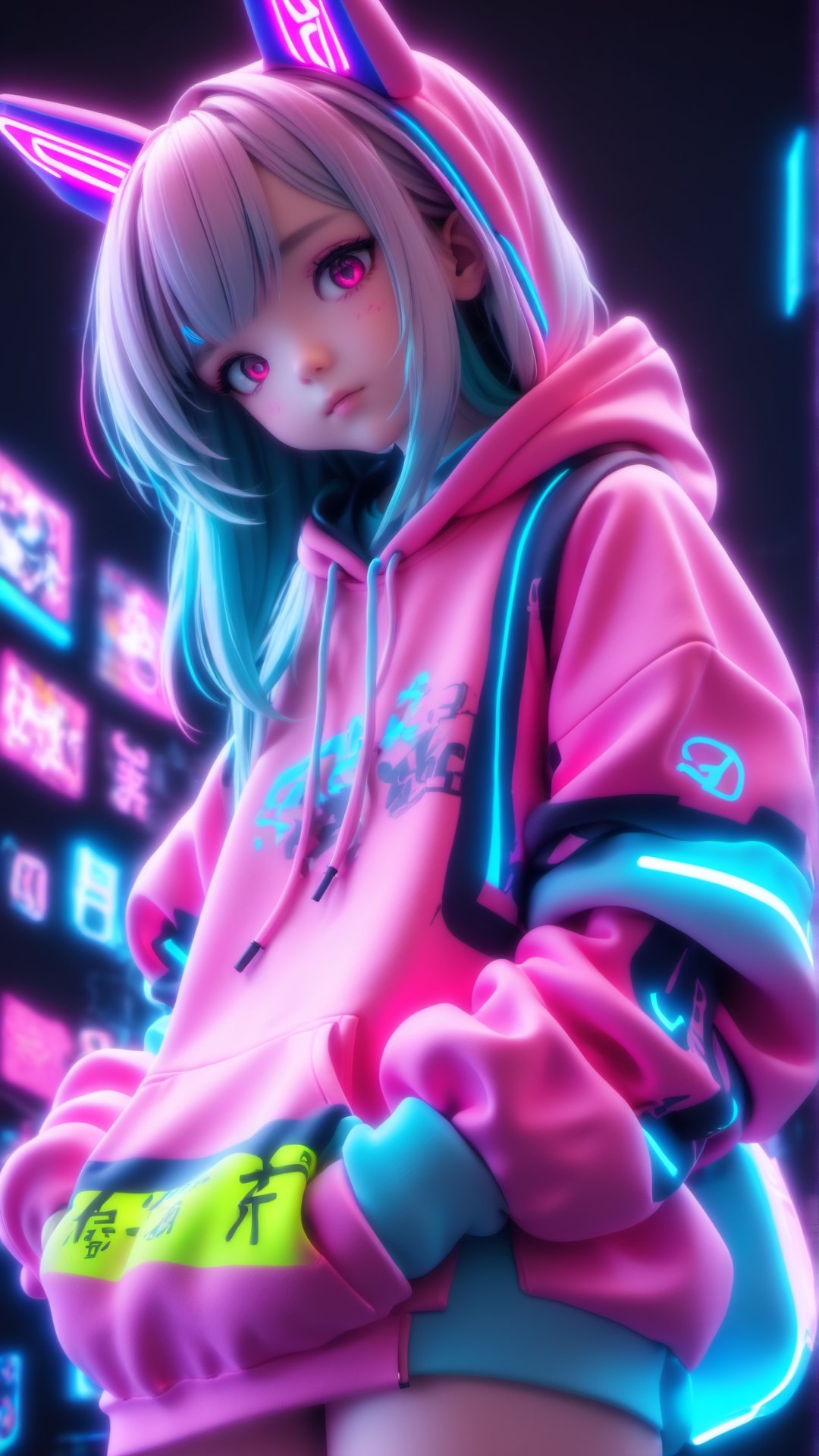 Anime girl, gamer, neon hoodie, neon style,Anime ,hentai