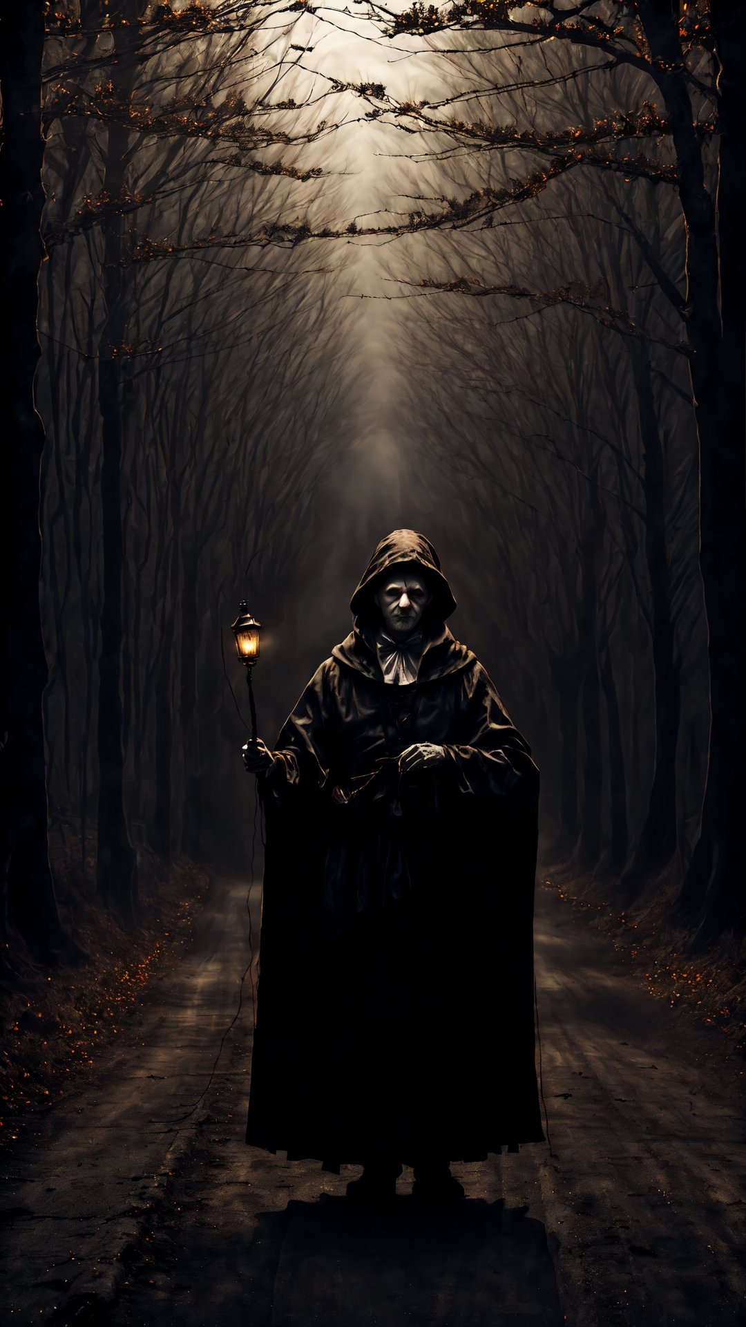 Man in a Halloween spooky mask, white mask like Ghostface, wearing black dirty robe - ((standing middle of a country road:1.4))

foggy, misty, dark, spooky,

 blurry_light_background

Long shot, depth of field, long view ,blurry_light_background,Marionette