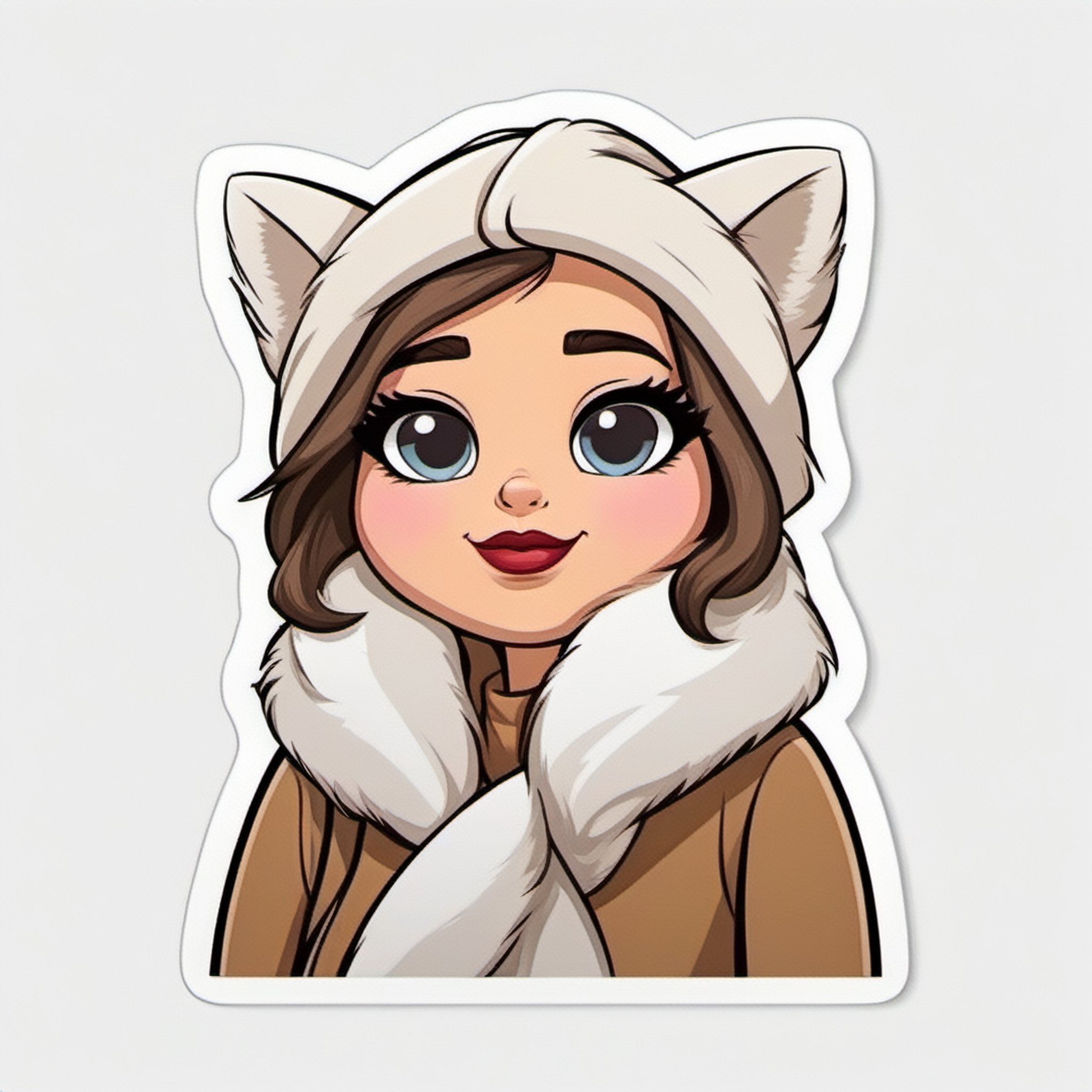 sticker, cartoon cute lady in fur scarf, (white background) 