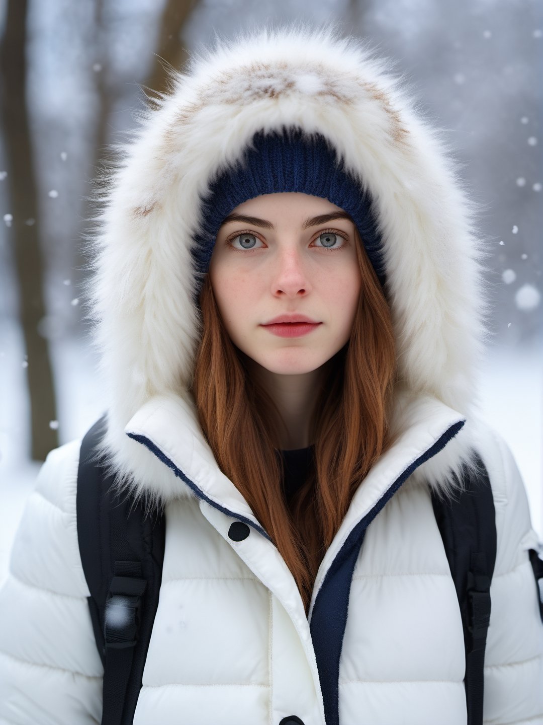photo r3al, detailmaster2, masterpiece, photorealistic, 8k, 8k UHD, best quality, ultra realistic, ultra detailed, hyperdetailed photography, real photo, realistic eyes, solo female, snowing, winter, white winter fur jacket, hood, photorealistic, real photo, 8k, realistic eyes, detailed face, upper body, facing viewer, pale skin, daylight, outdoors, 30 years old, cute, looking towards the sky, 