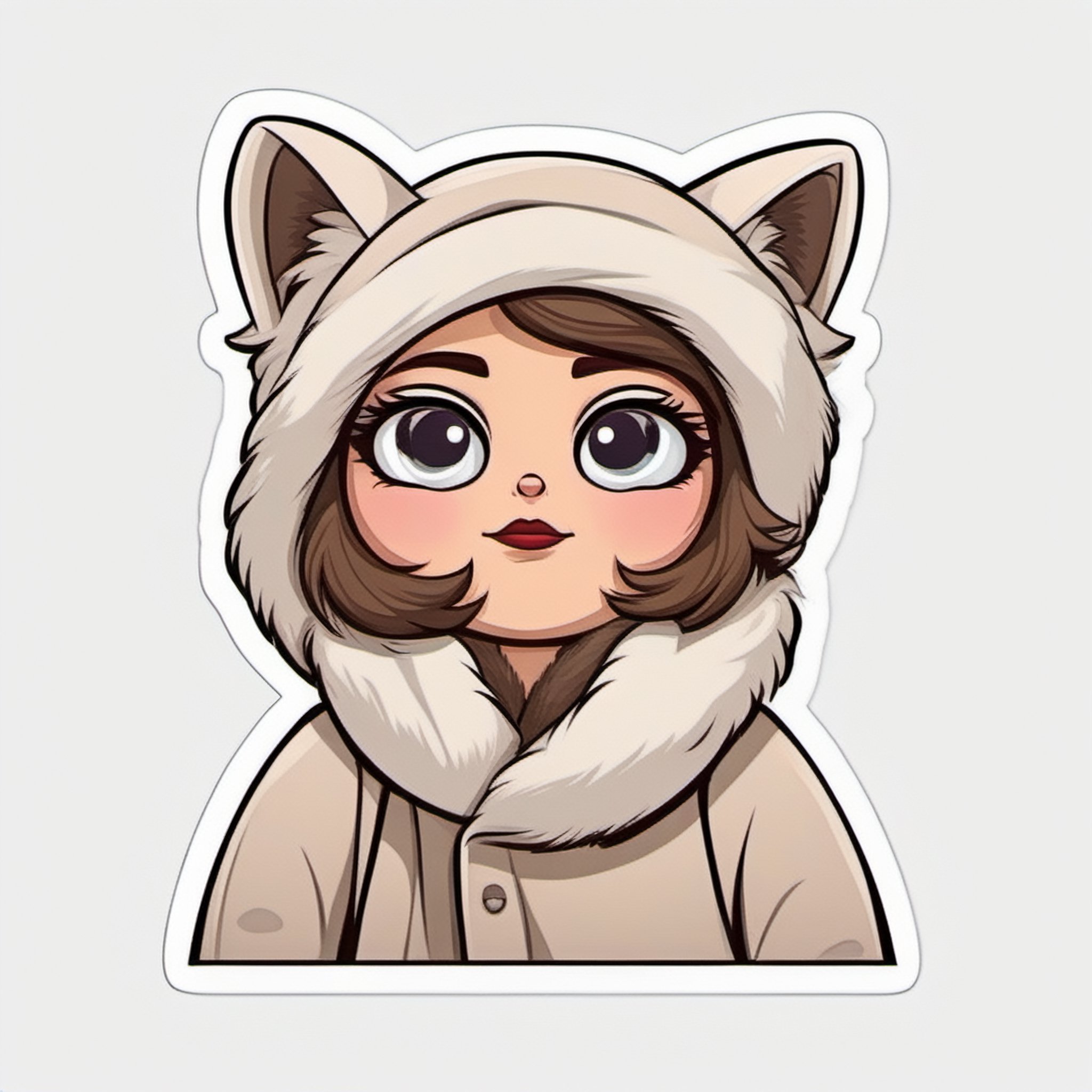 sticker, cartoon cute lady in fur scarf, (white background) 