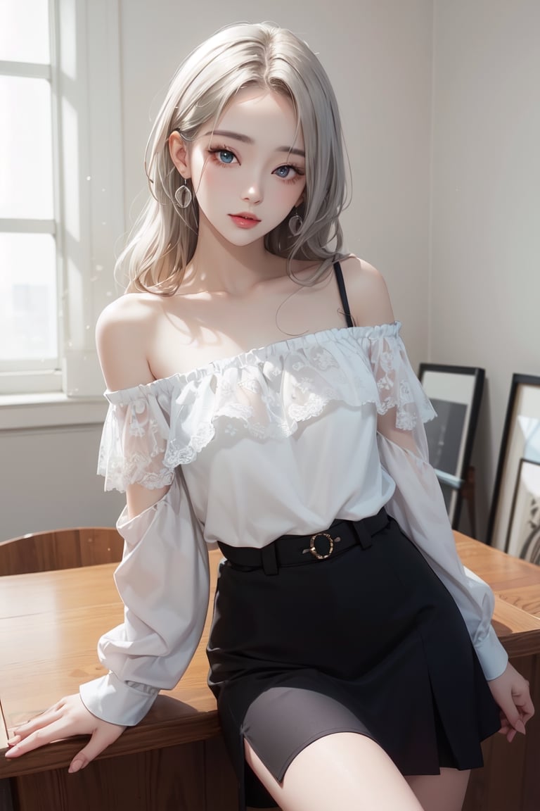 Beautiful 1 woman, 1 woman, beautiful, silver long curly hair, indoor lighting, side lighting, pure white background, wearing off shoulder shirt, black JK skirt