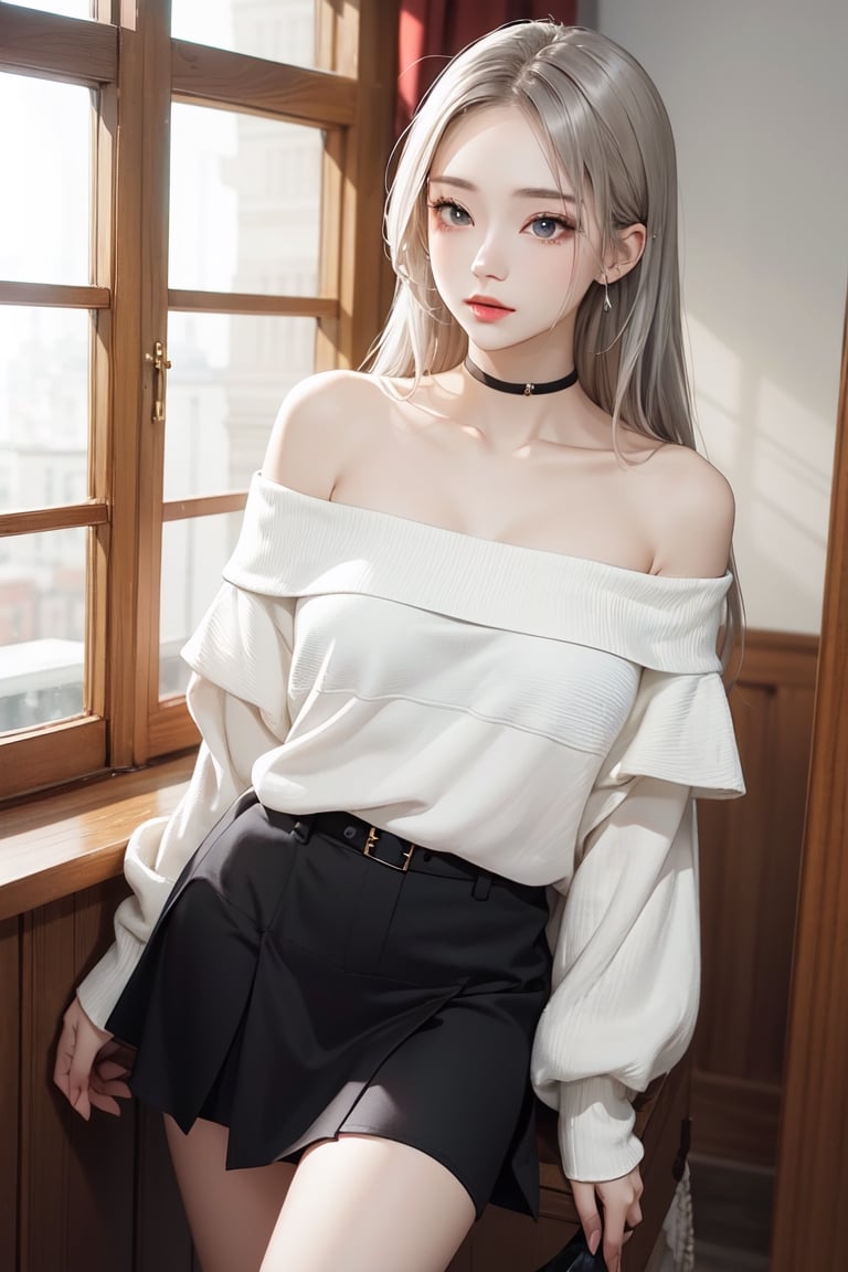 Beautiful 1 woman, 1 woman, beautiful, silver long curly hair, indoor lighting, side lighting, pure white background, wearing off shoulder shirt, black JK skirt