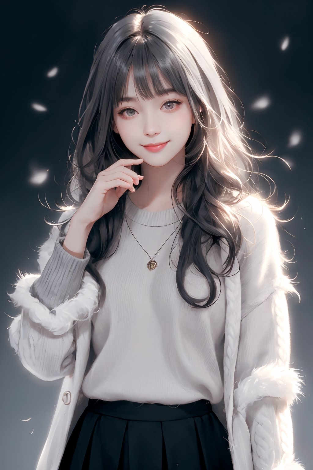 Direct view camera, front, mid range, upper body poster style, casual photo pose, 1Girl, high-resolution, smiling, round face, (gray long hair, curly hair, fluffy, air bangs), feminine style, white sweater, black coat, skirt, stockings, (pure gray background)