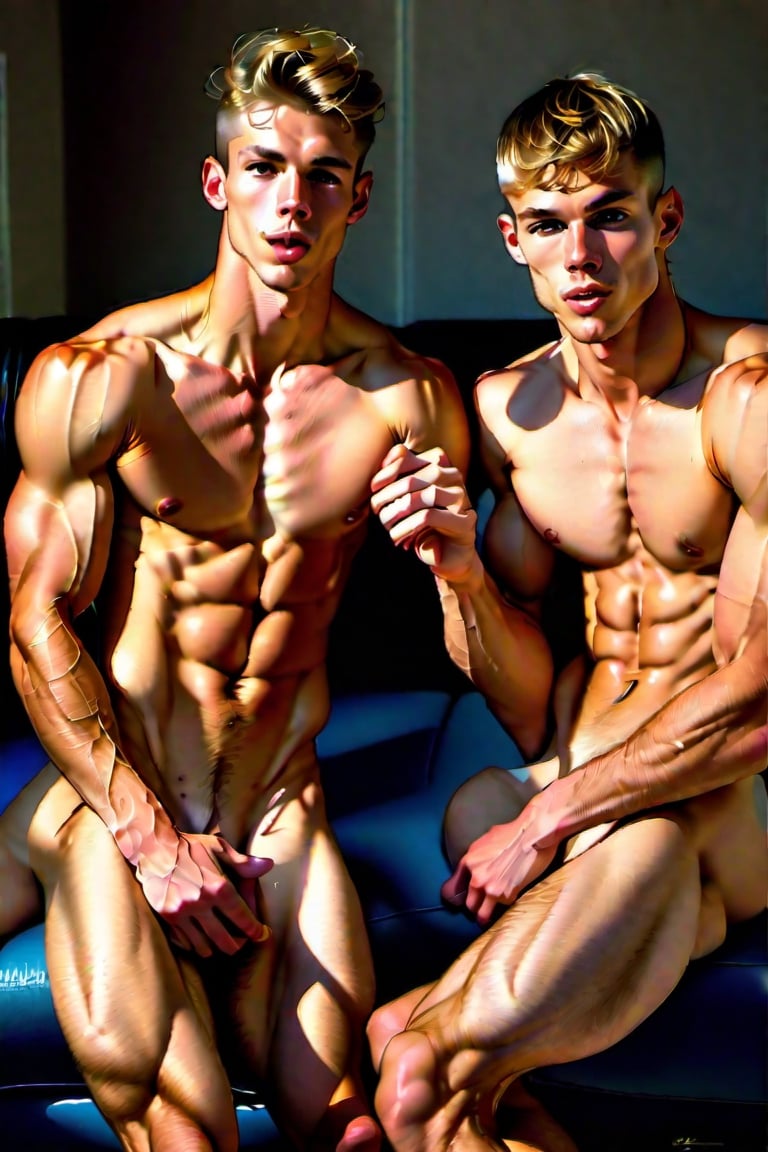 2 athletic lean males models naked, sitting down next to each other, legs open with big erect penis, perfect faces, perfect anatomy, kissing each other, intimate, erotic, naked