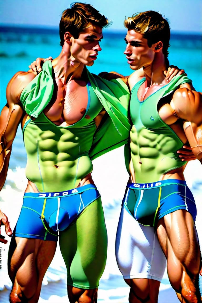 2 athletic lean male models, rubbing their big bulges together, perfect faces, perfect anatomy, speedos