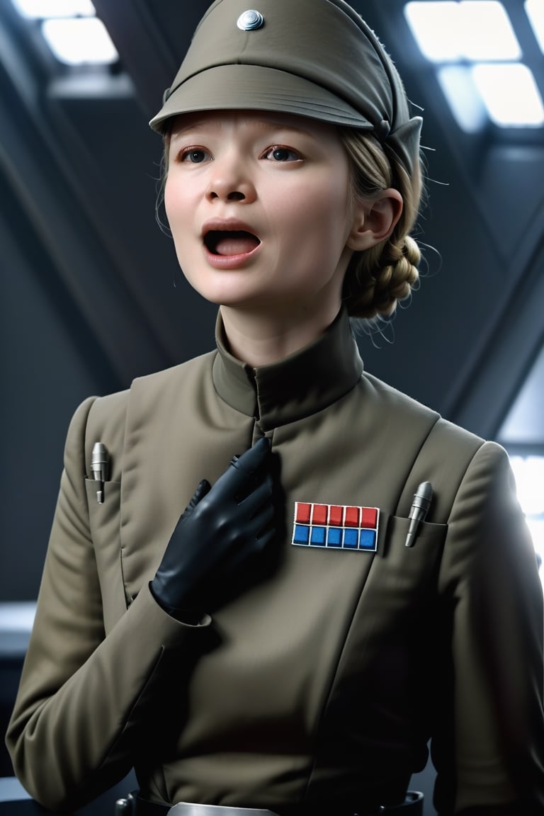 Mia Wasikowska, touching her throat, placing hand on neck collar, fingers around neck, mouth open wide o shape, in dark olive gray imperialofficer uniform and small full hat, pale white skin, wide mouth, blonde hair in tight bun, black gloves and belt, round perky breasts, thin waist, thin fit body, masterpiece, photorealistic, Star destroyer sci-fi barracks background, photo r3al, bokeh,photo r3al
