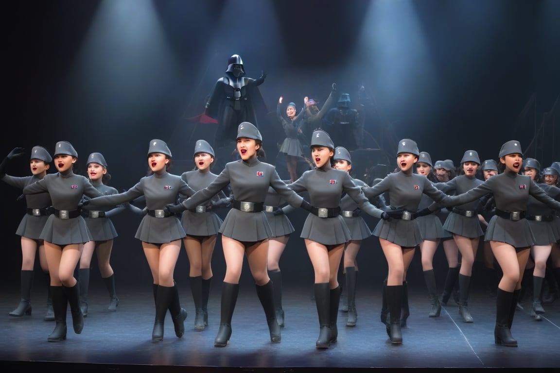 disney style stage musical, pretty girls, 3 1girls dancing on stage, in dark olive gray imperialofficer uniforms, mini skirts, and hats, hair in small tight bun, singing, full body, black gloves belt and boots, makeup, broadway stage show, Darth Vader in center stage