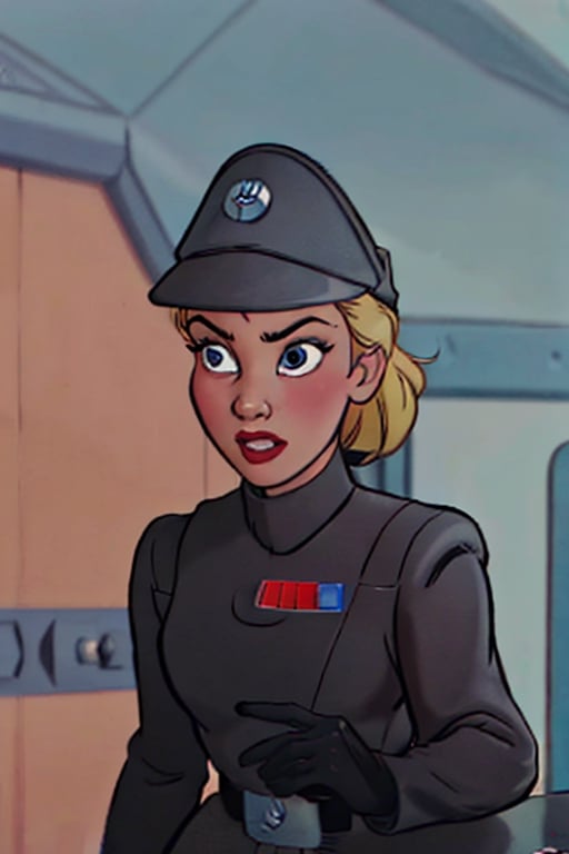 Classic Disney animation, 1girl Elle Fanning, in dark olive gray imperialofficer uniform, and full hat, blonde hair in bun, black gloves, round perky breasts, fit skinny woman body, portrait, masterpiece, Disney cartoon, Star destroyer sci-fi barracks metal floor background, photo r3al, bokeh, photo r3al, more saturation ,imperialofficer uniform,Disneystyler, disney style, bright vibrant colors, pastel, hand drawn cell shaded, strong ink lines,CinderellaWaifu