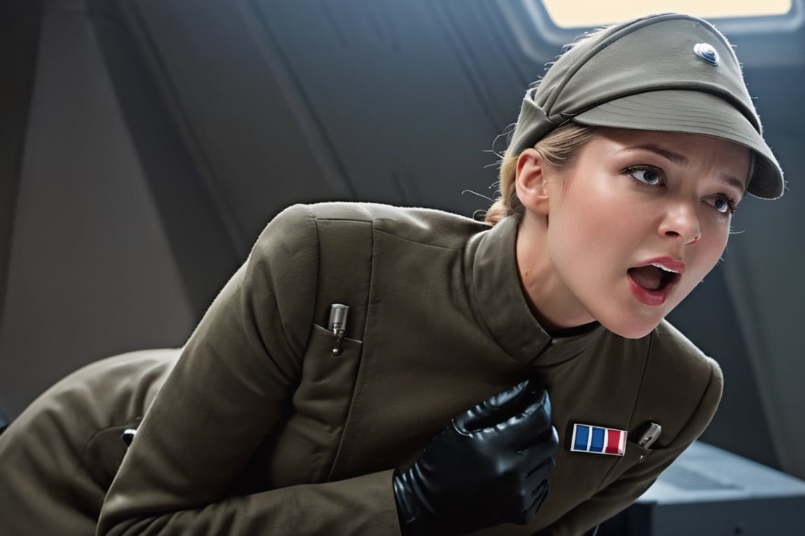 high contrast, (vibrant color:1.4), (muted colors, dim colors, soothing tones:0), cinematic lighting, ambient lighting, sidelighting, Exquisite details and textures, cinematic shot, Warm tone, (Bright and intense:1.2), 

Pretty lady, screaming, touching her throat, hand on collar, in dark olive gray imperialofficer uniform and full hat, black gloves, blonde hair in bun, open mouth, o face, lips pursed, slim feminine body, slender feminine hands, round perky breasts, sci-fi Star destroyer control room background