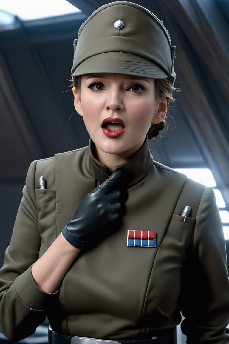 Philippa Gail, touching her throat, placing hand on neck collar, fingers on collar, fingers around neck, mouth open wide o shape, in dark olive gray imperialofficer uniform and hat, pale white skin, wide mouth, brown hair in tight bun, black gloves and belt, round perky breasts, thin waist, thin fit body, masterpiece, photorealistic, Star destroyer sci-fi barracks background, photo r3al, bokeh,photo r3al