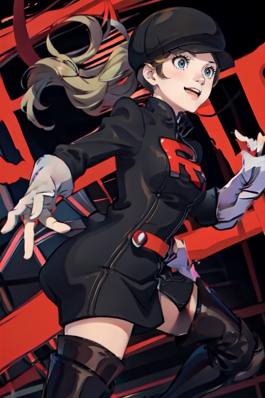 1girl,team rocket, team rocket uniform, black dress, long sleeves, white belt, white gloves, elbow gloves, white thigh boots, black headwear, blond hair, blue eyes,takamaki anne(persona 5),lyra \(pokemon\) smile