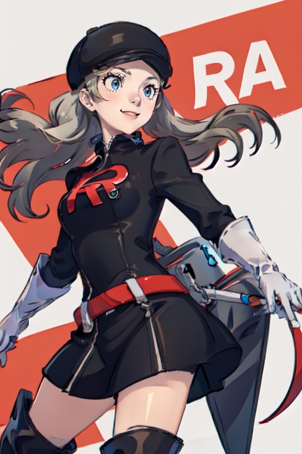 1girl,team rocket, team rocket uniform, black dress, long sleeves, white belt, white gloves, elbow gloves, white thigh boots, black headwear, blond hair, blue eyes,takamaki anne(persona 5),lyra \(pokemon\) smile