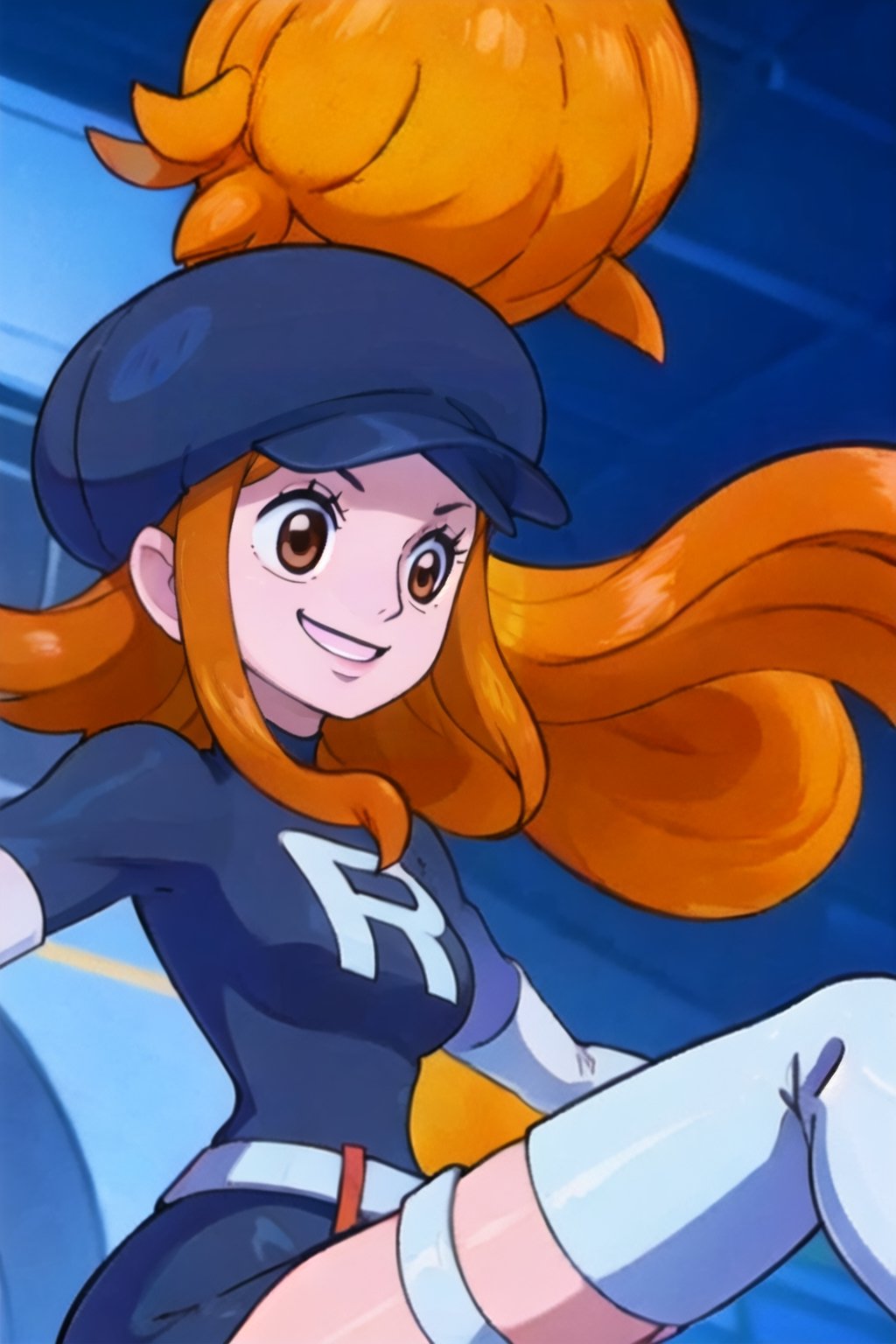 1girl,team rocket, team rocket uniform, black dress, long sleeves, white belt, white gloves, elbow gloves, white thigh boots, black headwear,lyra \(pokemon\) smile ,nami, long hair, brown eyes, orange hair