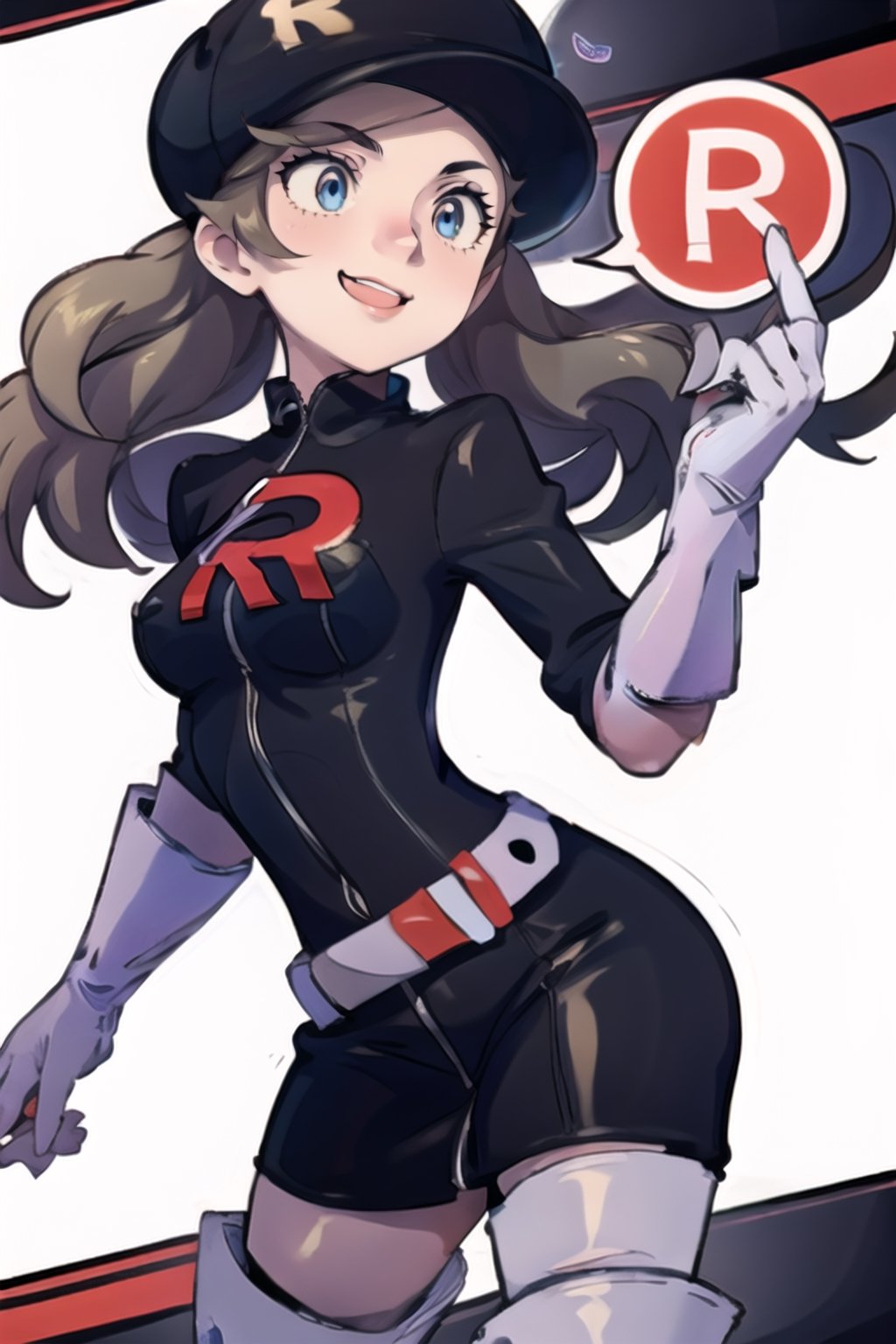 1girl,team rocket, team rocket uniform, black dress, long sleeves, white belt, white gloves, elbow gloves, white thigh boots, black headwear, blond hair, blue eyes,takamaki anne(persona 5),lyra \(pokemon\) smile