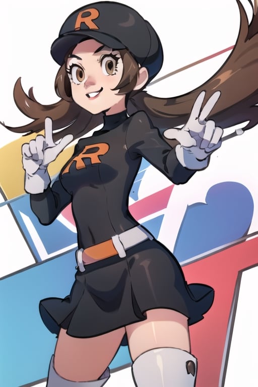 kujikawadef, 1girl, team rocket,  team rocket uniform,  black dress,  long sleeves,  white belt,  white gloves,  elbow gloves,  white thigh boots,  black headwear, lyra \(pokemon\) smile , nami,  long hair,  brown eyes, brown hair,lyra \(pokemon\)