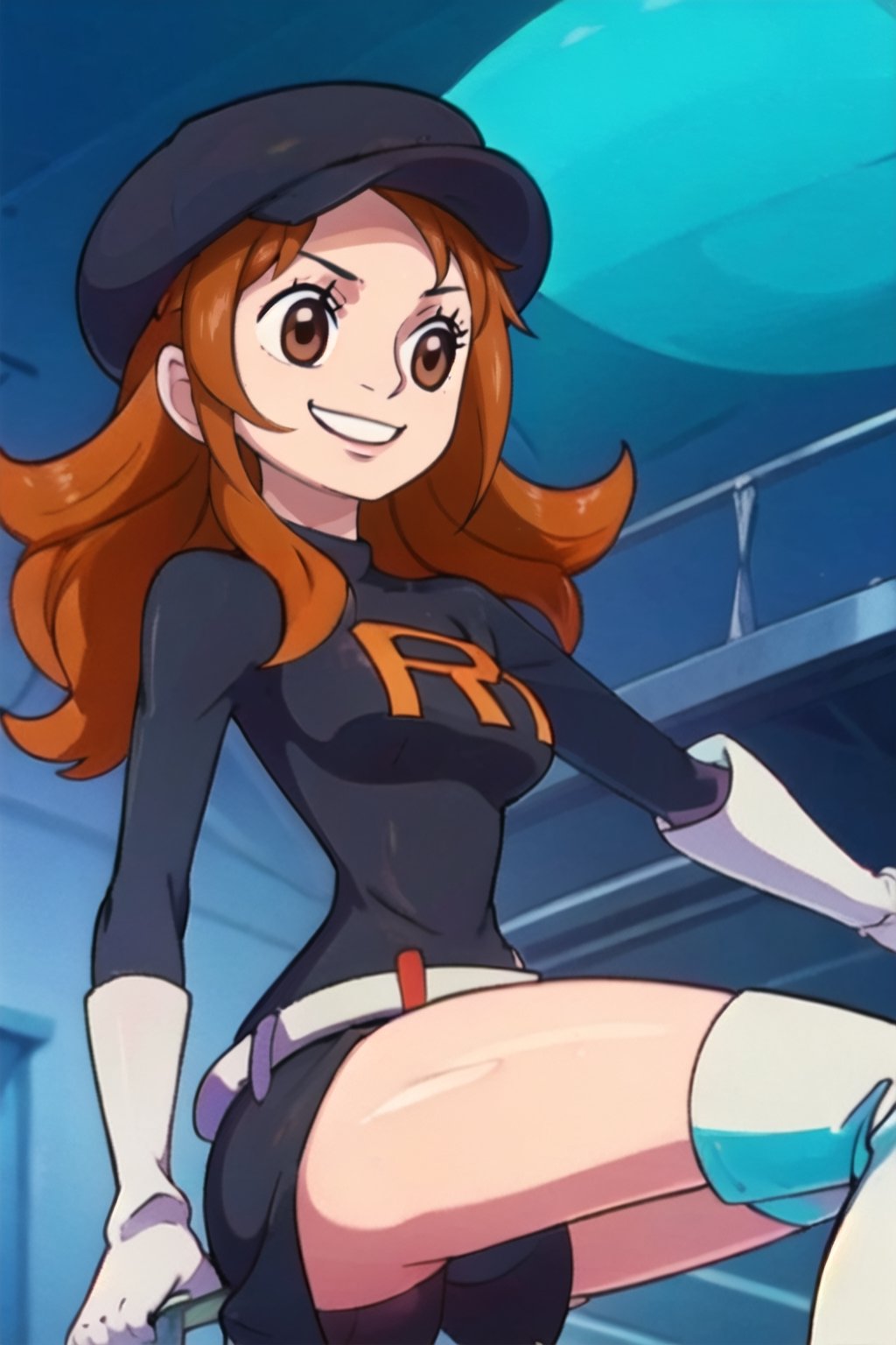 1girl,team rocket, team rocket uniform, black dress, long sleeves, white belt, white gloves, elbow gloves, white thigh boots, black headwear,lyra \(pokemon\) smile ,nami, long hair, brown eyes, orange hair