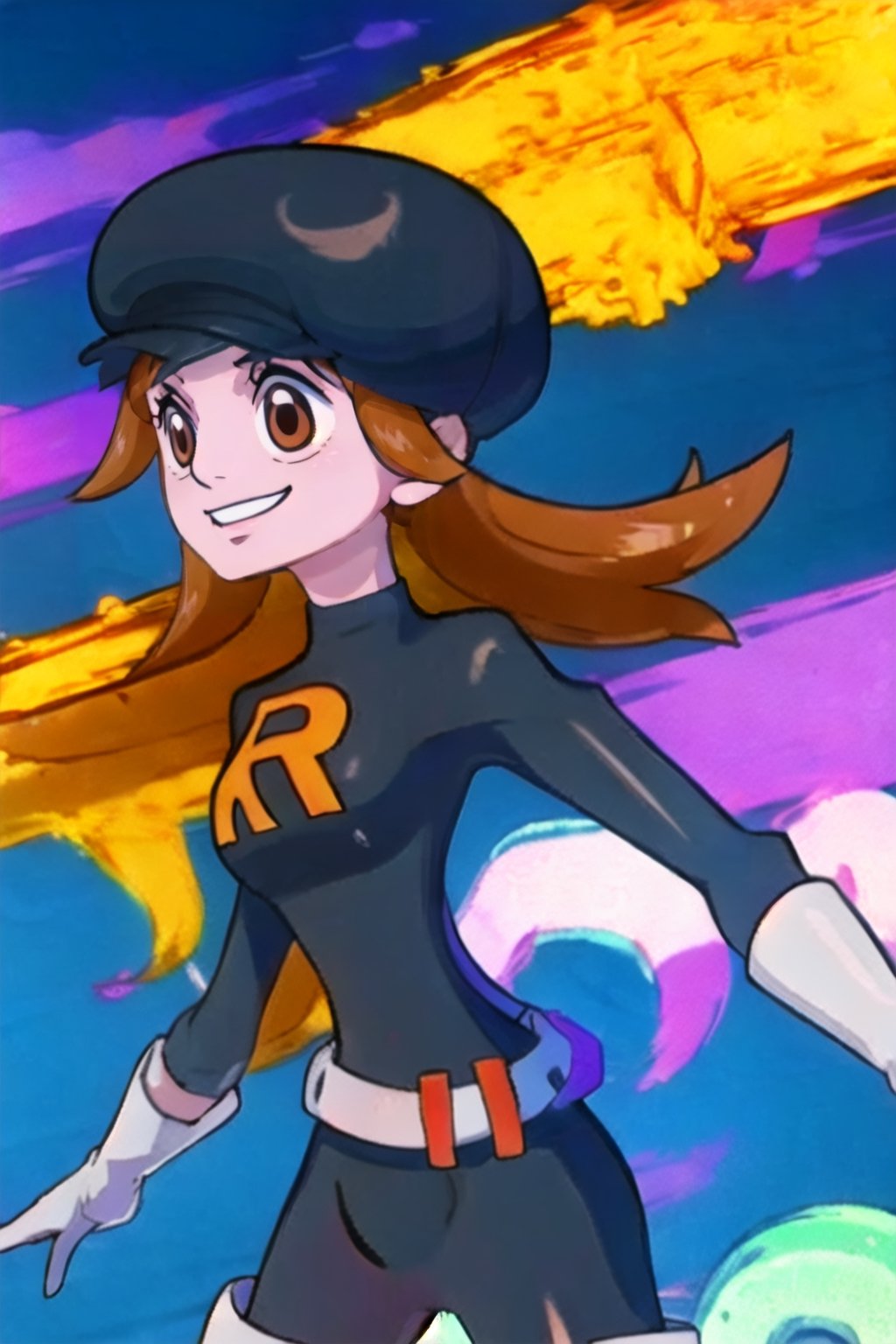 1girl,team rocket, team rocket uniform, black dress, long sleeves, white belt, white gloves, elbow gloves, white thigh boots, black headwear,lyra \(pokemon\) smile ,nami, long hair, brown eyes, orange hair