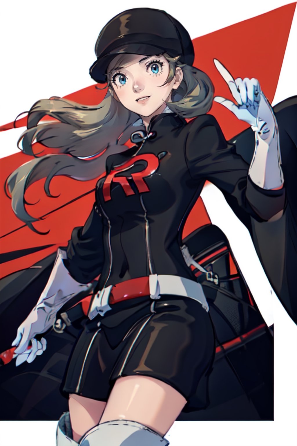 1girl,team rocket, team rocket uniform, black dress, long sleeves, white belt, white gloves, elbow gloves, white thigh boots, black headwear, blond hair, blue eyes,takamaki anne(persona 5),lyra \(pokemon\) smile