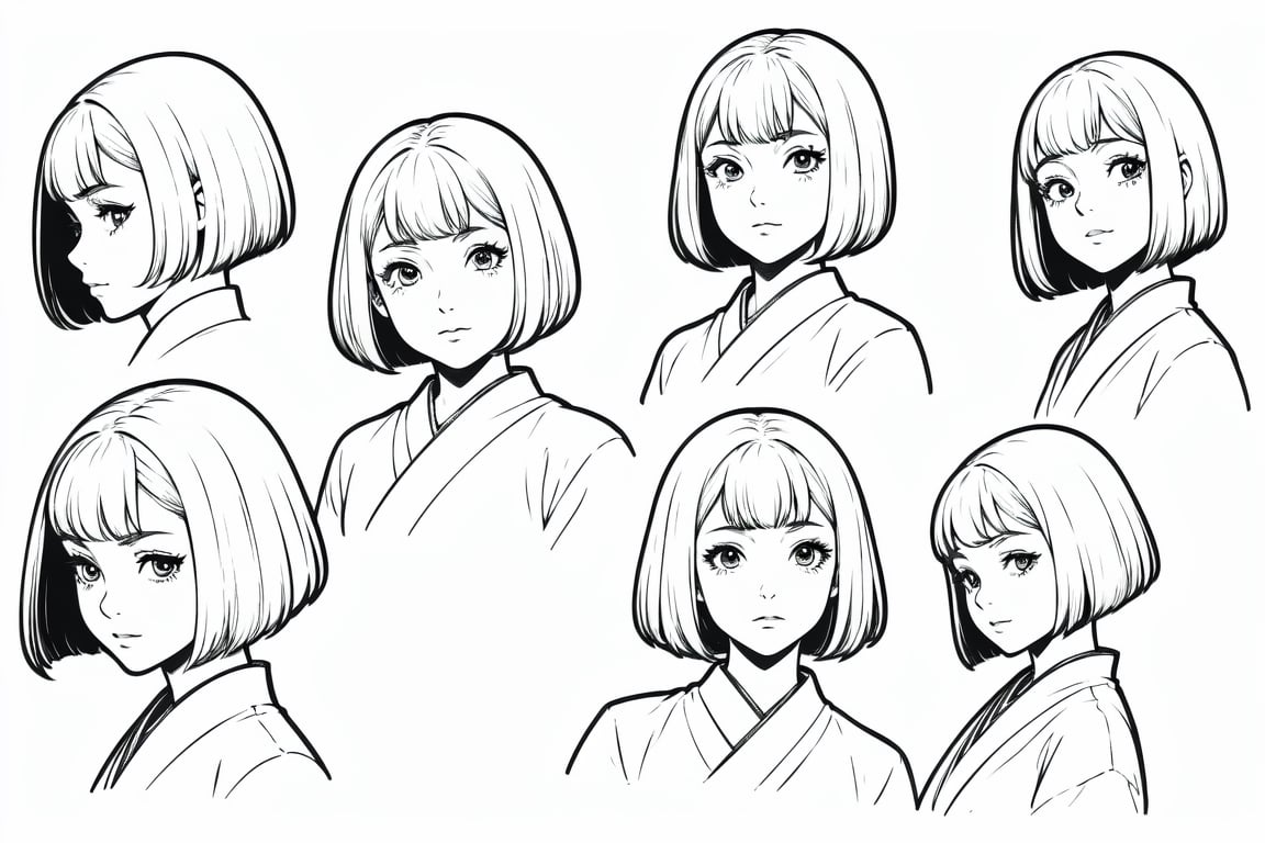 samurai, cute anime girl, short hair, bobcut, dark skin, same character, character design sheet, character design, front view, side view, (same character from different angles), ((solid background, simple background color, flat background)),sadie,monochrome,line anime