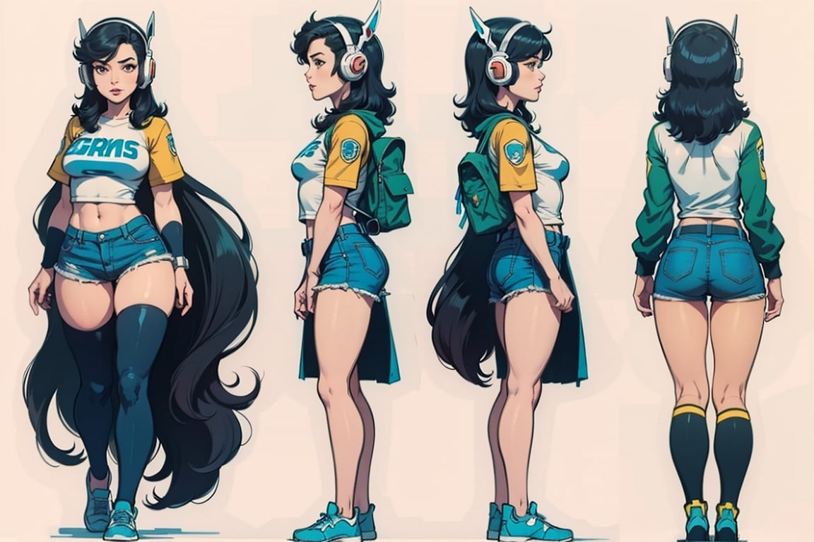mechanical overwatch 2 character, girl with headphones, cool jacket, cool short shorts, bighair, hairy, long hair, overwatch character design, stylized, cartoon


character design sheet, character design, front view, side view, (same character from different angles), ((solid background, simple background color, flat background)),sadie,monochrome,line anime, fullbody, big face, big head, mature