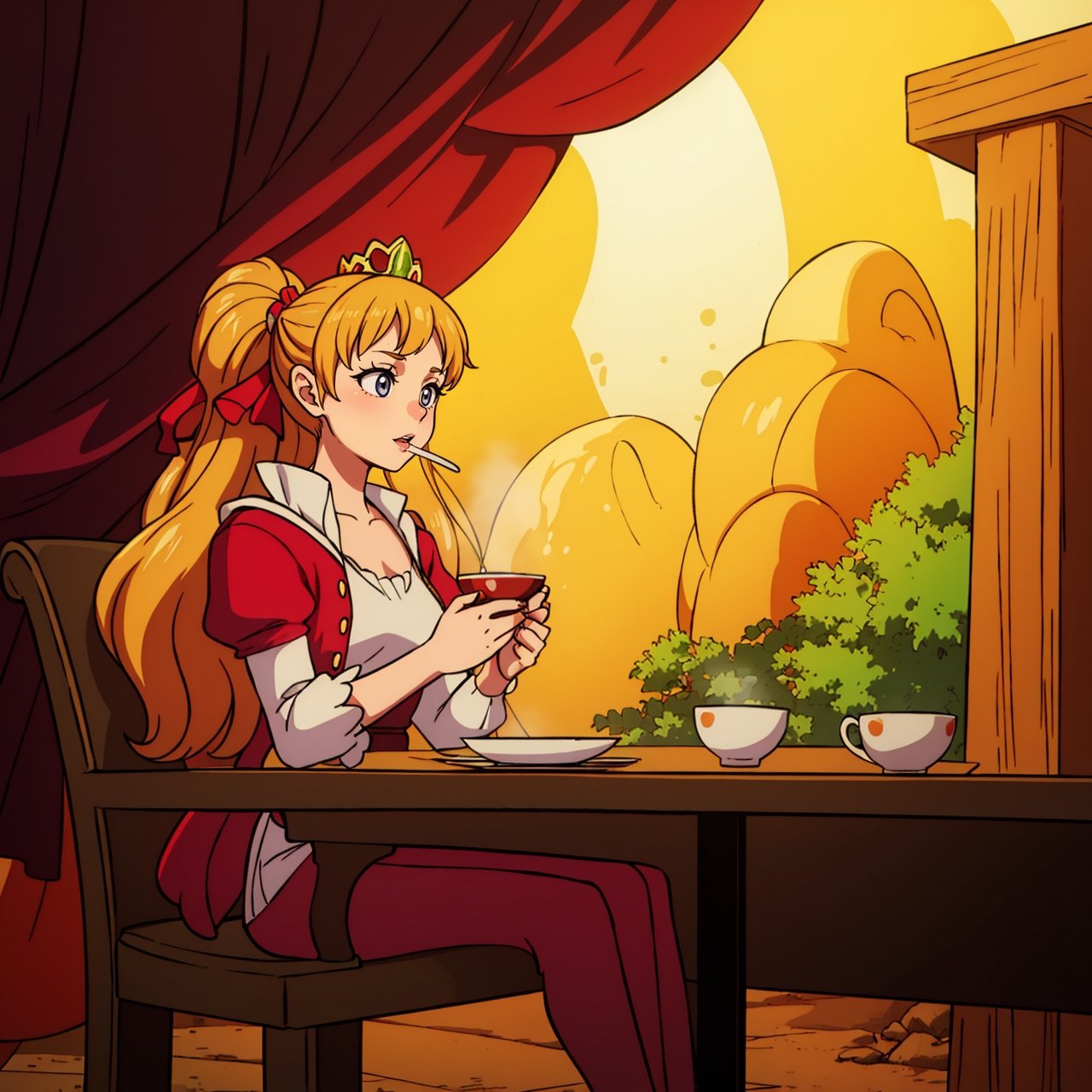 a princess sitting on a chair in the royal garden, drinking tea, dramatic lighting, godray, lightray, warm colors