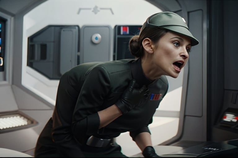 Kiera Knightley holding her throat, screaming, on her knees, in olive green imperialofficer uniform and brimmed hat, black gloves, hair tied in little bun, pale smooth skin, sci-fi control room

Photorealistic, 4K, filmgrain, more saturation, disney, black gloves 
