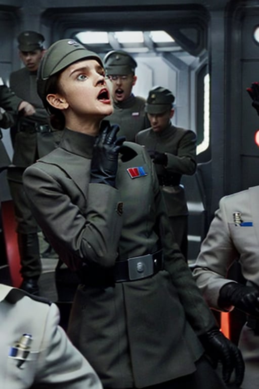 Emma Watson holding her neck with one black glove hand, screaming, in dark olive gray imperialofficer uniform and hat, black gloves, hair tied in bun, slim feminine body, big round perky breasts, scared frightened afraid, pale smooth skin, sci-fi barracks

Photorealistic, 4K, film grain, more saturation, BLACK GLOVES, goodhands with BLACK GLOVES