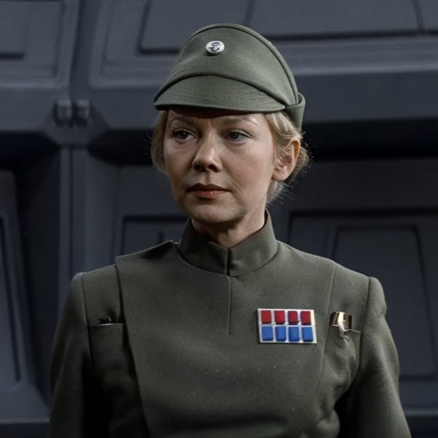 Glynis Johns in olive green imperial officer uniform and hat