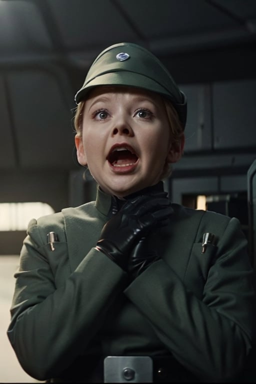Fat chubby obese Nicola Coughlan screaming, holding her neck with black glove, in olive green imperialofficer uniform and brimmed hat, black gloves, hair tied fancy elegant bun, pale smooth skin, naked breasts, slim feminine body, sci-fi barracks

Photorealistic, 4K, filmgrain, more saturation, disney