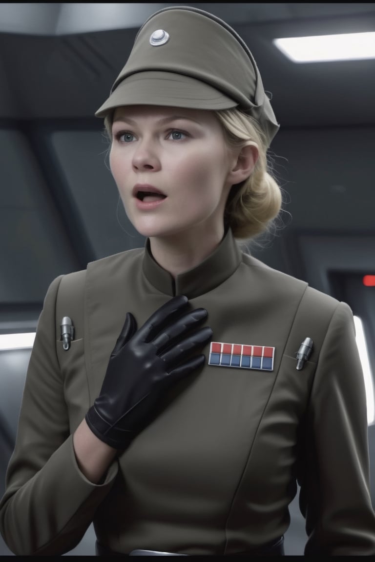 Star Wars, Kirsten Dunst, placing one hand on her collar, screaming, in dark olive gray imperialofficer uniform and hat with disc, blonde hair pulled back in tight bun, black gloves with 5 fingers, small slender feminine hand, round perky breasts, close up portrait, masterpiece, photorealistic, Star destroyer sci-fi barracks background, photo r3al, bokeh, more saturation, Extremely realistic,Imperial officer wearing a (color) unifo,Extremely Realistic