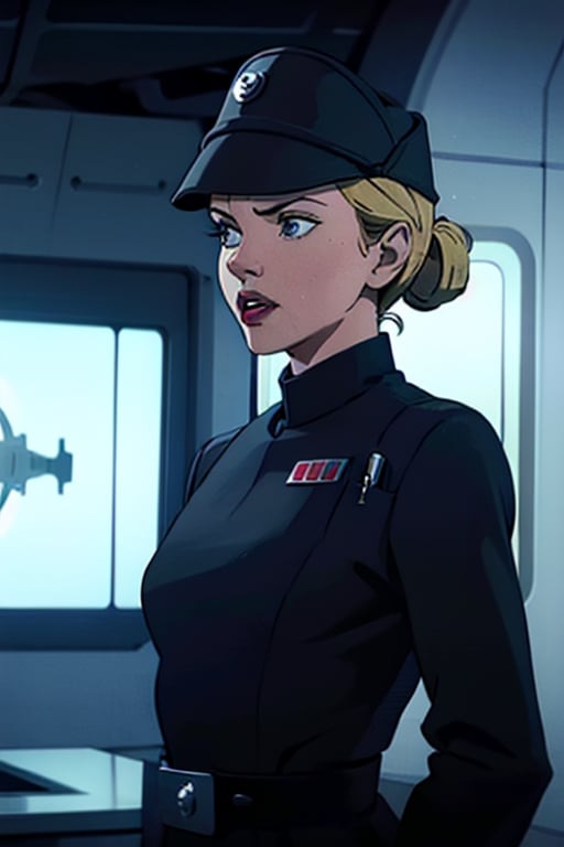 Classic Disney animation style, (vibrant color:1.4), (muted colors, dim colors, soothing tones:0), cinematic lighting, ambient lighting, sidelighting, Exquisite details and textures, cinematic shot, Warm tone, (Bright and intense:1.2)

Scarlett Johansson, in dark olive gray imperialofficer uniform and officer's cap, hat, black gloves, blonde hair tied back in small bun, frowning, pouty mouth, big prominent teeth, open mouth O face, slim feminine body, small perky breasts, bright blue eyes, sci-fi Star destroyer control room background,mature female