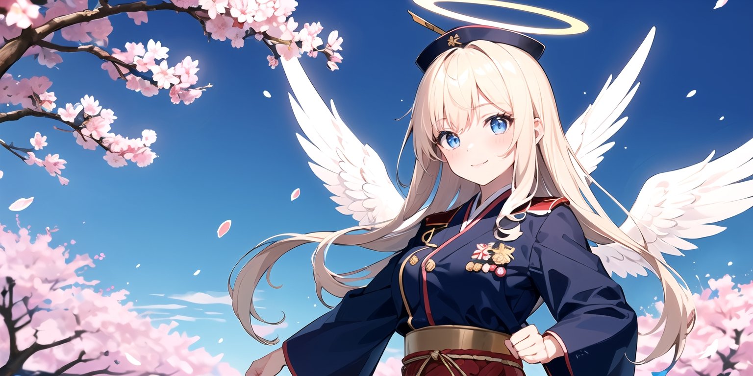  figure, (1girl), (solo), (angel_wings), ((white long curly hair)), blue eyes, two blue ribbons on her hair, (Double golden halo on her head), middle_breast, , cute smile, Japanese military uniform, Japanese military hat, fighting pose, background is cherry blossoms, masterpiece, better_hands, masterpiece, best quality,