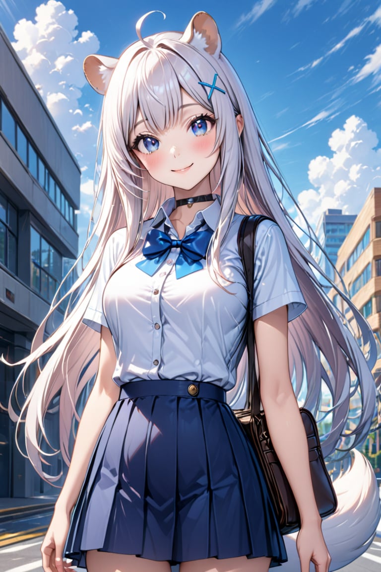 1girl, stoat girl, solo,  ((white hair)), very long hair, blue eyes, (straight hair), (bangs), animal ears, (stoat ears:1.2),
 Choker, ahoge, yaeba, (big white stoat Tail:1.2), (blue X hairpin), solo, long hair, breasts, looking at viewer, blush, smile, bangs, blue eyes, skirt, shirt,  bow, medium breasts, closed mouth, school uniform, standing, white shirt, short sleeves, cowboy shot, pleated skirt,  outdoors, sky, day, collared shirt, cloud, bowtie, bag, buttons, blue bow, blue skirt, building, blue bowtie