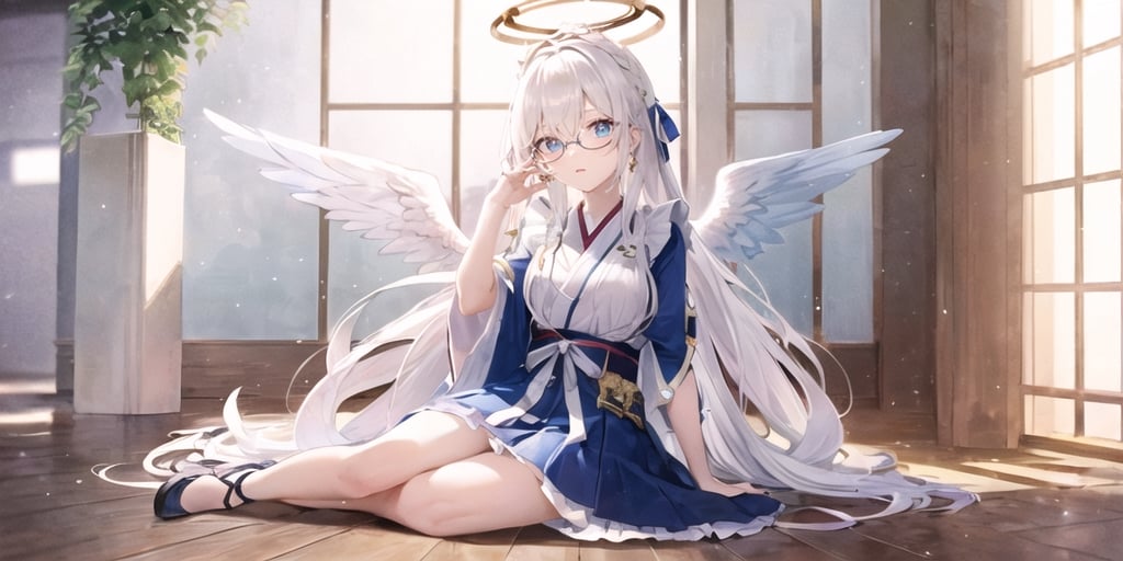  (Best Picture Quality, High Quality, Best Picture Score: 1.3), , Perfect Beauty Score: 1.5, long hair, 1 angel girl, (solo), ((white hair)), (long curly hair), blue eyes, ((two blue ribbons on her hair)), (Double golden halo on her head), (angel wings), (cute outfit), glasses, Wearing Japanese maid outfit, reading, (In a Japanese cafe), (full_body), beautiful, cute, masterpiece, best quality,perfect light,