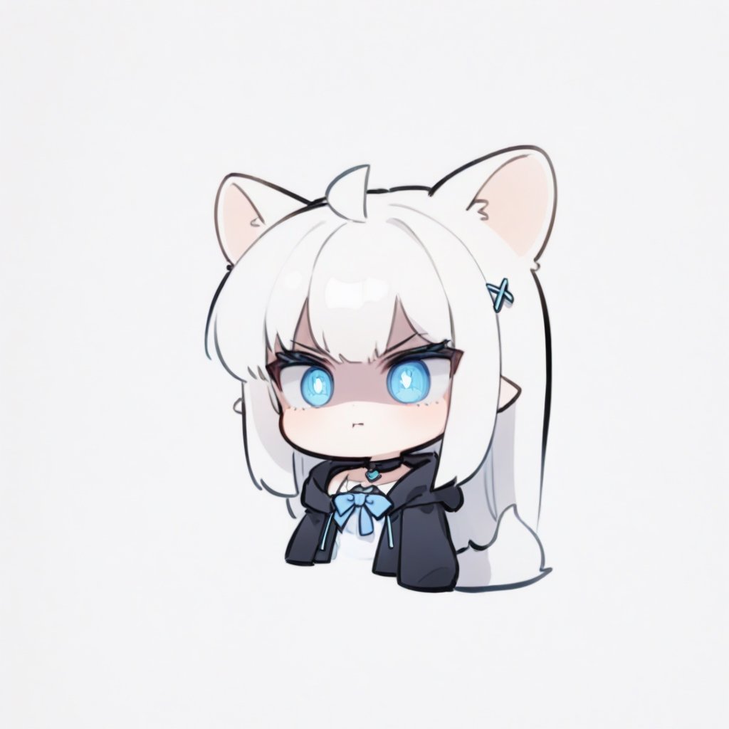 (chibi style), {{{masterpiece}}}, {{{best quality}}}, {{ultra-detailed}}, {beautiful detailed eyes},1girl, solo,  ((white hair)), very long hair, blue eyes, (straight hair), (bangs), animal ears, (stoat ears:1.2), Choker, ahoge, fangs, (big stoat Tail:1.2), (X hairpin), (White sleeveless collared dress, (Two-piece dress), (blue chest bow)), (black hooded oversized jacket:1.2), (Off the shoulders), ((shadow face:1.2)), (angry eyes), (closed mouth), upper body,chibi emote style,chibi,emote, cute,Emote Chibi,Line Chibi yellow,Simple Background