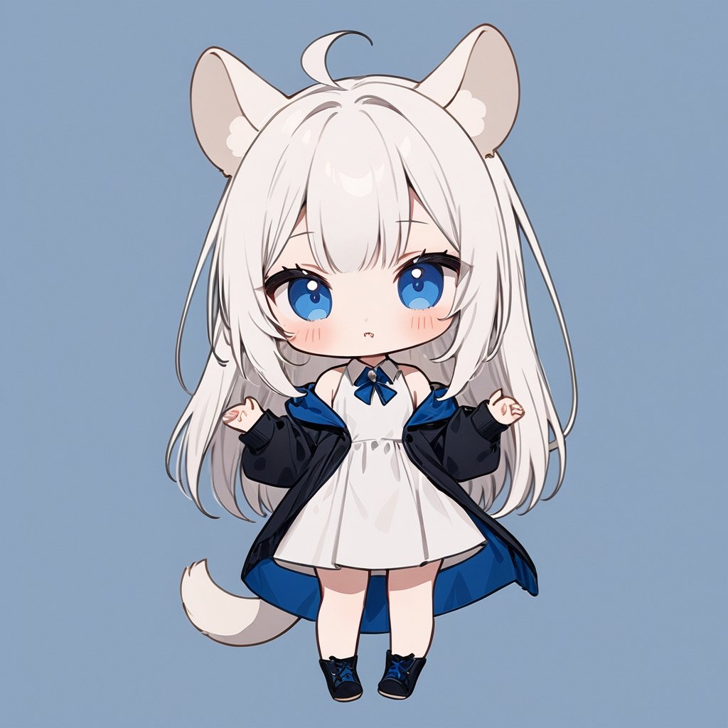 chibi, masterpiece, made by a master, 4k, perfect anatomy, perfect details, best quality, high quality, lots of detail.
(solo),1girl, ((white hair)), very long hair, blue eyes, (straight hair), (bangs), animal ears, (stoat ears:1.2), Choker, ahoge, fang, (big stoat Tail:1.2), (White sleeveless collared dress, blue chest bow), (black hooded oversized jacket:1.2), (Off the shoulders), (taking a rabbit:1.2), single, looking at viewer, (full body) ,Emote Chibi. cute comic,simple background, flat color, Cute girl,Chibi Style,chibi emote style,portraitart