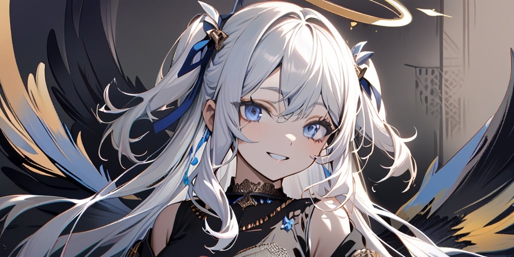 //quality
masterpiece, best quality, aesthetic, 
//Character
1girl, angel, white hair, long curly hair, (two side up), blue eyes, two blue ribbons on her hair, (Double golden halo on her head), choker, angel wings, (beautiful eyes:1.0), big eyes, deailed eyes, (beautiful face:1.0), fine skin, 
(medium breasts:1.2), 
//Fashion 
(The girl is smiling wryly,:1.0), 
//Background 
(Ink painting:1.2),  Light ochre background