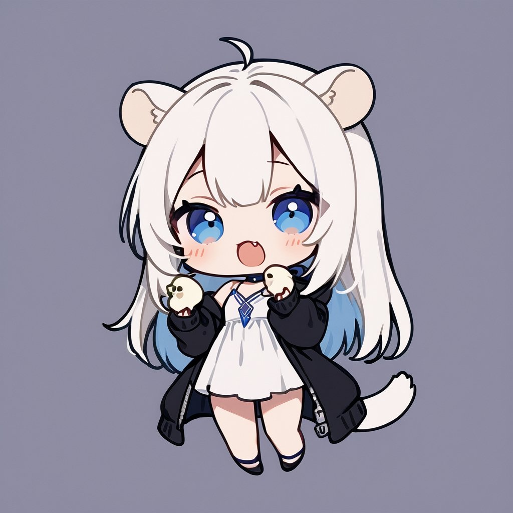 chibi, masterpiece, made by a master, 4k, perfect anatomy, perfect details, best quality, high quality, lots of detail.
(solo),1girl, ((white hair)), very long hair, blue eyes, (straight hair), (bangs), animal ears, (stoat ears:1.2), Choker, ahoge, fang, (big stoat Tail:1.2), (White sleeveless collared dress, blue chest bow), (black hooded oversized jacket:1.2), (Off the shoulders), (Eating fried dumplings:1.2), open mouth, single, looking at viewer, (full body) ,Emote Chibi. cute comic,simple background, flat color, Cute girl,Chibi Style,chibi emote style,portraitart