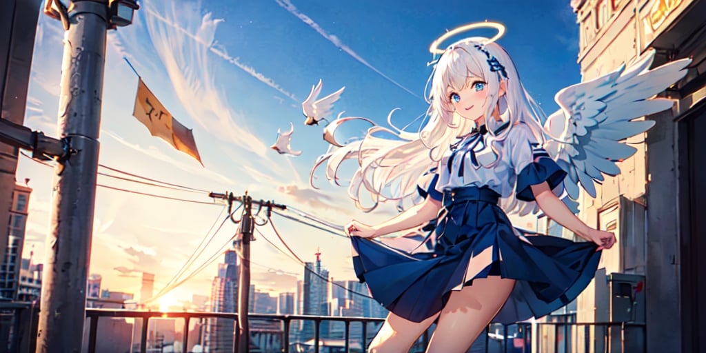  (Best Picture Quality, High Quality, Best Picture Score: 1.3), , Perfect Beauty Score: 1.5, long hair, 1 angel girl, (solo), ((white hair)), (long curly hair), blue eyes, ((two blue ribbons on her hair)), (Double golden halo on her head), (angel wings), (cute outfit), wearing short sleeve, cute smile, Riding a bicycle on the road, background is The sky , beautiful, cute, masterpiece, best quality,perfect light,masterpiece