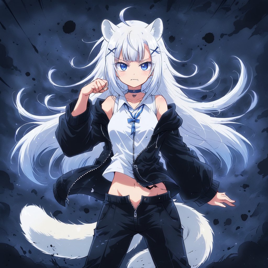 1girl, stoat girl, solo,  ((white hair)), very long hair, blue eyes, (straight hair), (bangs), animal ears, (stoat ears:1.2),
 Choker, ahoge, fangs, (big stoat Tail:1.2), (blue X hairpin), (White collared sleeveless top, (midriff), blue chest bow), 
(black hooded oversized jacket:1.2), (jacket zipper half unzipped), (black short pants) (Off the shoulders), anime, fightng pose,Anime Style.,kawaii,ink smoke