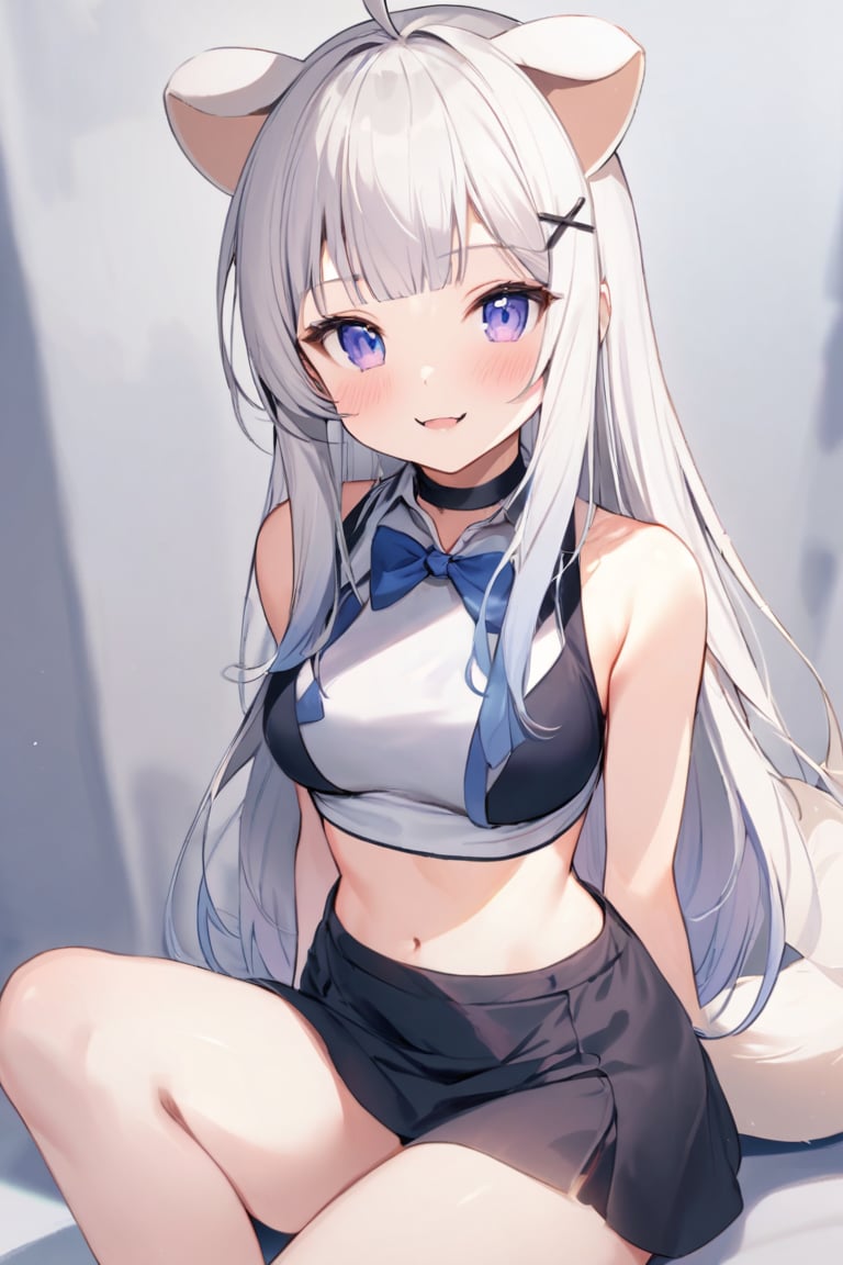 (score_9, score_8_up, score_7_up), 1girl, stoat girl, solo,  ((white hair)), very long hair, blue eyes, (straight hair), (bangs), animal ears, (stoat ears:1.2),
 Choker, ahoge, fangs, (big stoat Tail:1.2), (blue X hairpin), (White collared sleeveless top, (midriff), blue chest bow), dress, long hair, smile, solo, (medium breasts:2), white hair, black dress, looking at viewer, breasts, bare shoulders, sidelocks, collarbone, blush, sitting, purple eyes, blue eyes, beautiful eyes, (petite:2), blunt bangs, gradient hair, 