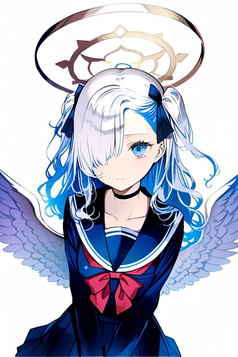 masterpiece, best quality, aesthetic,a mature 1girl, angel, white hair, long curly hair, (two side up), blue eyes, Two blue hair ties on head , (Double golden halo on her head), choker, angel wings,ahoge,hair over one eye,samurai,(vintage jkseifuku:1.4),sakura